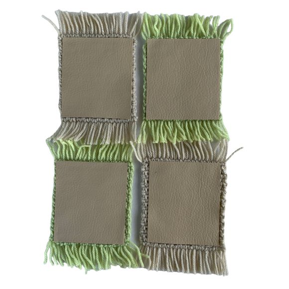 Mug Rugs Coasters Handmade Crochet Green Beige Fringe Vinyl Back Set of 4 - Picture 8 of 10